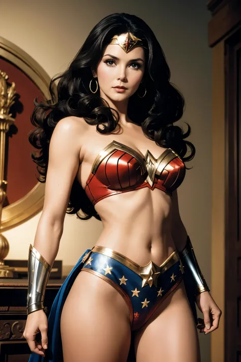 artist&#39;s image of lynda carter as wonder woman, peituda, beautiful, cabelos pretos, seios grandes, antecedentes da segunda g...