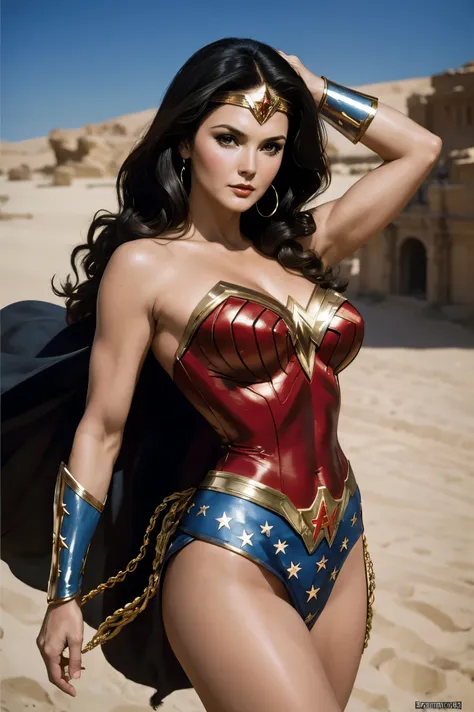 artist&#39;s image of lynda carter as wonder woman, peituda, beautiful, cabelos pretos, seios grandes, antecedentes da segunda g...