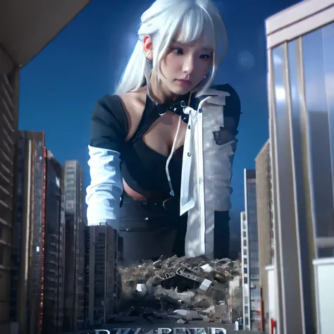 1girl in, Close Up Shot, (White hair, Medium Hair, Large breasts, Red Eyes), Perfect Anatomy, city, Cyberpunk style, ((White shirt, Black jacket, Black skirt, Navel, Belt bag, Black Gloves, neck tie, wrist watch, earrings, Looking through black leggings)),...