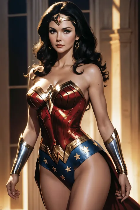 artist&#39;s image of lynda carter as wonder woman, peituda, beautiful, cabelos pretos, seios grandes, antecedentes da segunda g...