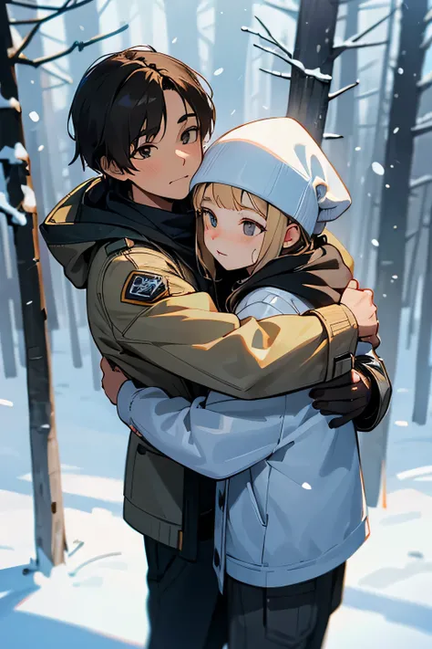 Winter landscape, Winter Forest, winter, snowfall. Brown-eyed brunette boy, 13-years old. (good face rendering) hugging a cute 13 year old blonde with gray eyes (good face rendering), in a light gray jacket,