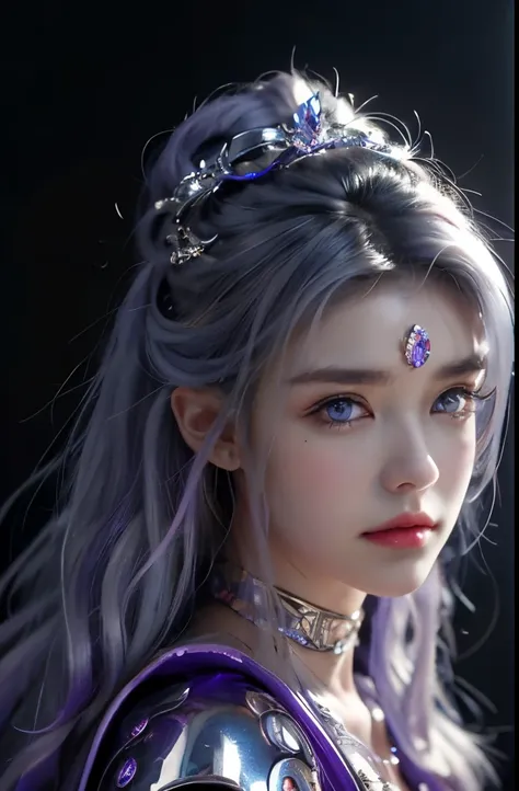 masterpiece, best quality, highly detailed, solo, (:3:0.9), purple eyes,, woman, gradient, silver hair, curly hair, long hair, solemn expression, hair ornament, shiny armor, beautiful, aesthetic, looking at viewer, solo, beautiful lighting