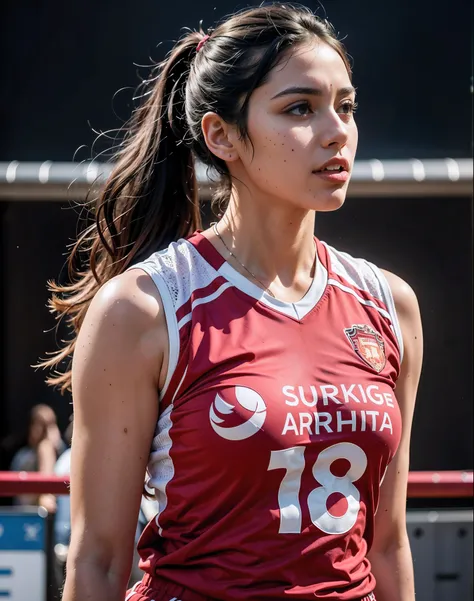 arafish airlines player in red uniform standing in a court, looks like ebru sahin, serena malyon, wearing a volleyball jersey, mina petrovic, dilraba dilmurat, julia sarda, christina kritkou, laura sava, inspired by Niyazi Selimoglu, inspired by Ayshia Taş...