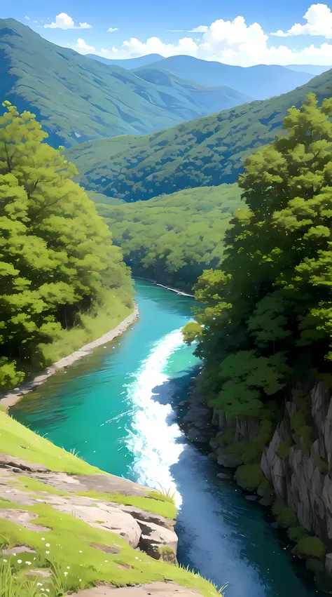 a beautiful scenery from manga about mountain, flowing river, blue sky, forest, picture taken from low angle