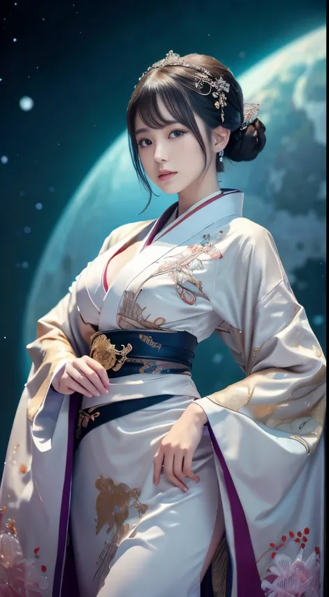 Detailed background, Cyberworld, Space Fantasy, elaborate costume{Luxury kimono(pale and coloured kimono(detailed embroidery,))}、(Japanese Idol(actress):1.2)(face perfect:1.2),Expressing a beautiful and elegant woman, Hairstyle Short Bob, Blur the backgrou...