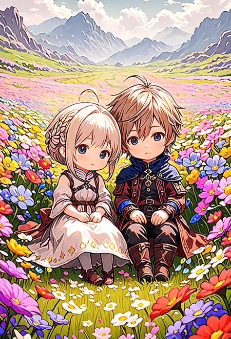 An image of a Lalafell couple from Final Fantasy 14, seated side by side in a field of flowers, with the flowers forming a cord around them.