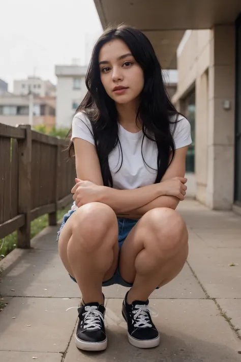 beautiful girl long black hair tender face red eyes wearing denim mini skirt long legs wearing black sneaker