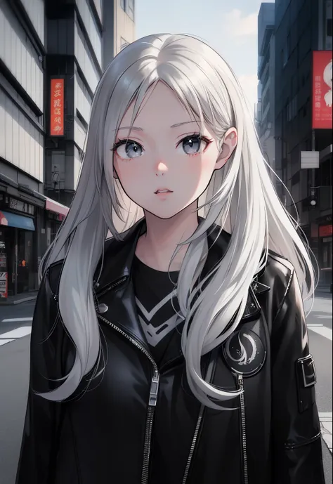 blonde woman with long gray hair and black leather jacket, realistic anime 3 d style, girl with gray hair, realistic anime style...