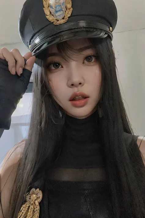 Jennie Araffe dressed in police uniform and hat, cruel korean goth girl, Ulzzang, Sakimichan, traje: soprar, Jinyoung Canela, blackpink jennie wearing a choker and cute hat, E - Menina, e-menina, Shikami, menina coreana, 🤤 retrato da menina, Ela tem cabelo...