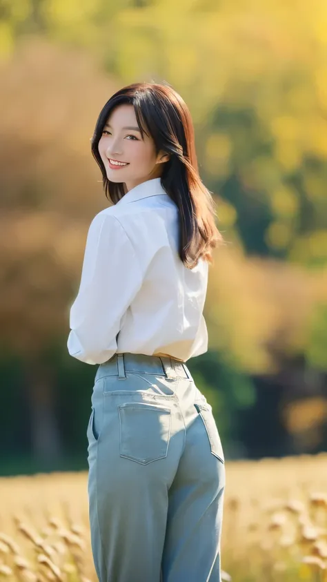 (Best Quality,8K,超A high resolution:1.2),(cute Japanese girleautiful body),(The shirt,Pants Look),(Glamorous),(perfect anatomia、Perfect legs、Toned waist、daily、soft sunlight、beginning of autumn、Piece of art、full of fields、Open、ssmile