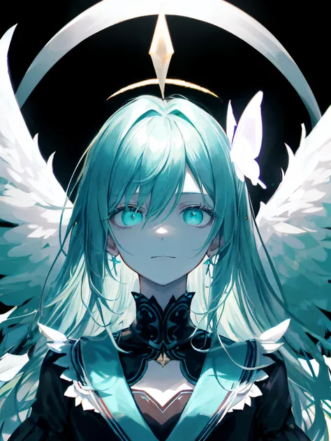 Best Quality、masutepiece、Ultra-detailed、face perfect、Extremely detailed、Extremely delicate、1 boy, (Scary), Angel, blanche髪、Long hair、Gorgeolanche&#39;The halo),(blanche光輪) Dark, Glowing eyes, Light green eyes, Angel wings,  holy, , blancheのチュニック, 2対のblanch...