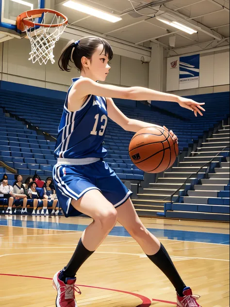 ((Best Quality)), ((masutepiece)), Perfect face、basketball、Shoet、profile、Basketball court、goal、perspiring、Tank tops、uniformss、1 girl in、basketball、release the ball、sporty