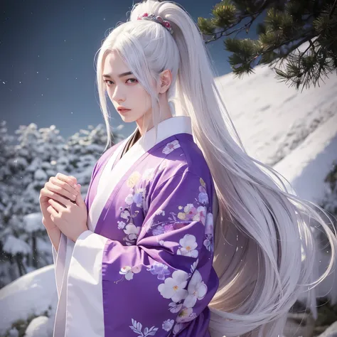 1 man，20yr old，若く美Right、long white hair，High Ponytail，wearing kimonos、manly、Rin々Right、had purple eyes、Inspired by Japanese ukiyo-e、Background with:Moonlit、snowy forest