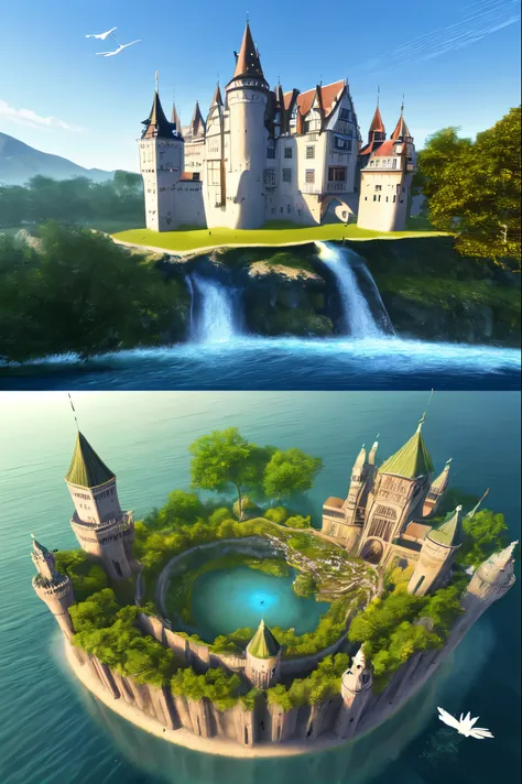 Exquisite detaillierte Zeichnung, Tall and complex round fairytale castle flies high above the sea, am Schloss wachsen viele Pflanzen, many colorful birds fly in the sky, Waterfalls flow from the castle into the sea, bunte Galaxien und Planeten im Himmel, ...