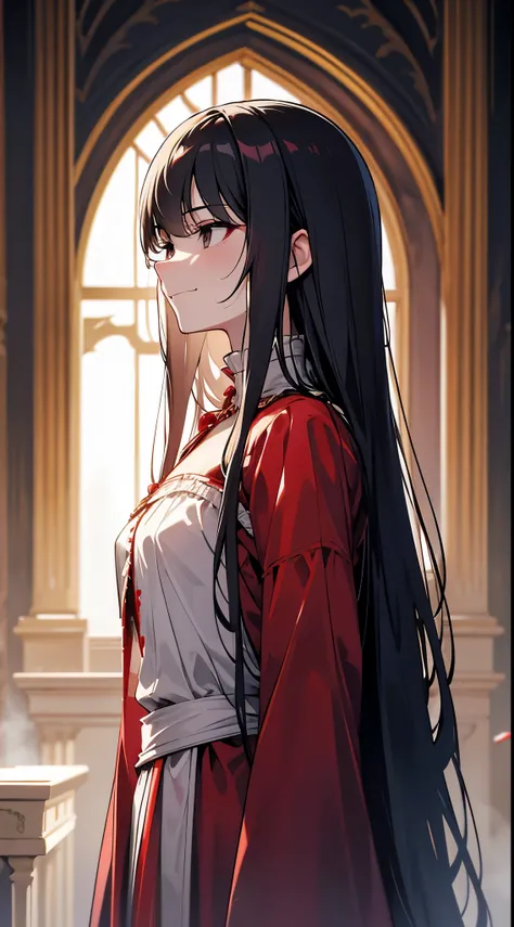 [[[ ultra-detailed, best quality, soft skin, beautiful, 4K]]], portrait, black eyes, black hair, straight hair, princess, princess clothes, blood soaked clothes, red and white clothes, destroyed throne room, blood skies, evil, sinister, smirking, scheming,...