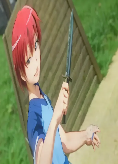 a close up of a person holding a knife in a field, anime screenshot, screenshot from a 2012s anime, still from tv anime, while holding a sword, wielding a fish sword, anime fencer, anime screencap, still from anime, anime still, screenshot from the anime f...