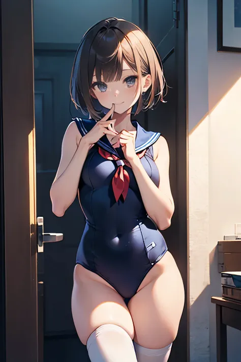 hiquality、top-quality、Full limbs、The ultra -The high-definition、Shining eyes、complete fingers、Slender beauty、Bery short hair、ssmile、Wearing a shiny sailor school swimsuit、shinny skin、Black knee high、Dramatic Writing