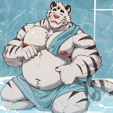 axel cosmas , solo, towel around waist, plump, huge, bath background, nipples, big fat belly, big ass, eyes shut, kneeling, 5 fingers, musclegut body, lineart, normal eyes, wet body, macro body, massive body, huge pecs, very wide,