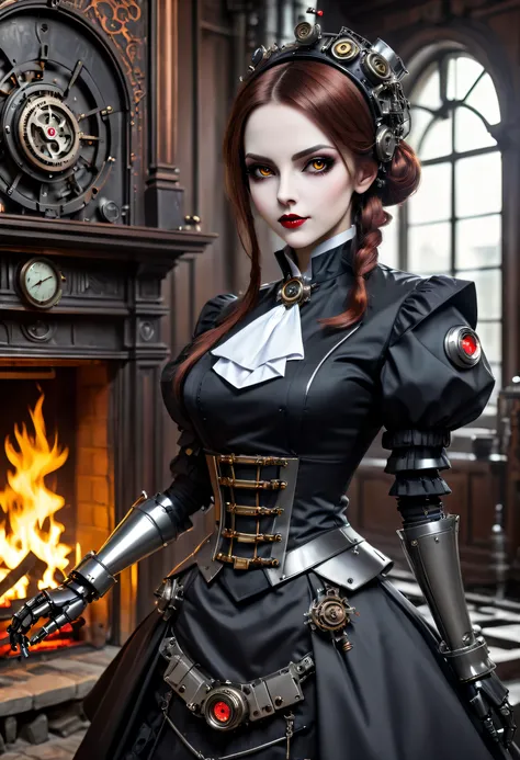 cybernetic female vampire,Female vampire robot butler, Metal mechanical surface,Mechanical joint,Female robot wearing housekeeper uniform,Female robot housekeeper is responsible for handling various household chores with fireplace in the background,sofe,Vi...