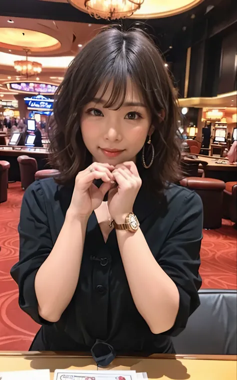 American girl, metisse,  about 30 years old 8 inches long curly hair, curly and short hair, Black curly hair, Curly bang, very short curly hair,  Messy loops, Curly black hair Natural black hair, in a casino in Las Vegas