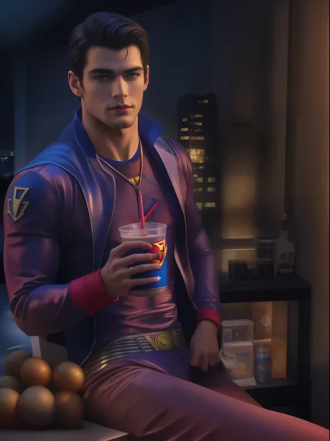 Superman Sean OPry, cinemactic, hiper-realista, fotografia, pele detalhada, HDR, Cinematography, noite, drink peanaple juice, full body, perfecr finger anatomi