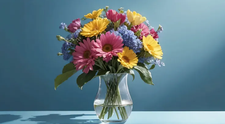 a vase of colorful flowers and a card, (centered position), large light blue background, realistic, (no one), best quality, high details, dynamic lighting, professional photography