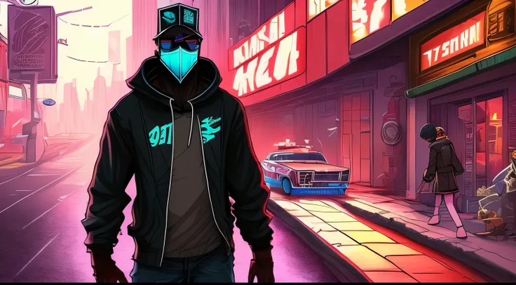 ((best quality)), ((masterpiece)), (detailed), perfect facecartoon of a man in a hoodie and a mask in a hallway, dark cyberpunk illustration, portrait of a cyberpunk man, cyberpunk dude, darksynth character portrait, edgy adventure sci fi, cyberpunk street...