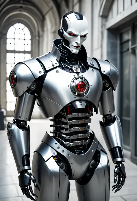 Cybernetic vampires,Vampire Robot Butler, metal mechanical surface，Mechanical joint，Robot wears butler suit,