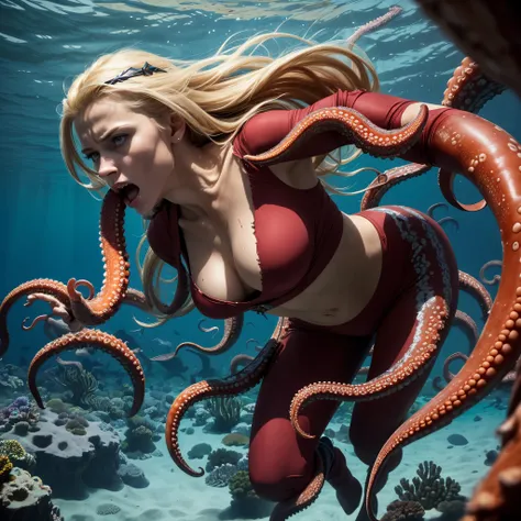 (best quality,4k,highres),(realistic:1.37),A woman greatly resembling Paris Hilton,1girl,torn,rugged costume,Supergirl costume,life-threatening situation,drowning,struggling desperately,dramatic,life-or-death,desperate gasping for air,octopus restraining h...