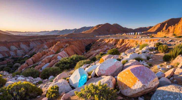 colorful quartz stones all over a valley, dimmy light, realistic, wide-angle-view, professional photography, (no one), best quality, high details