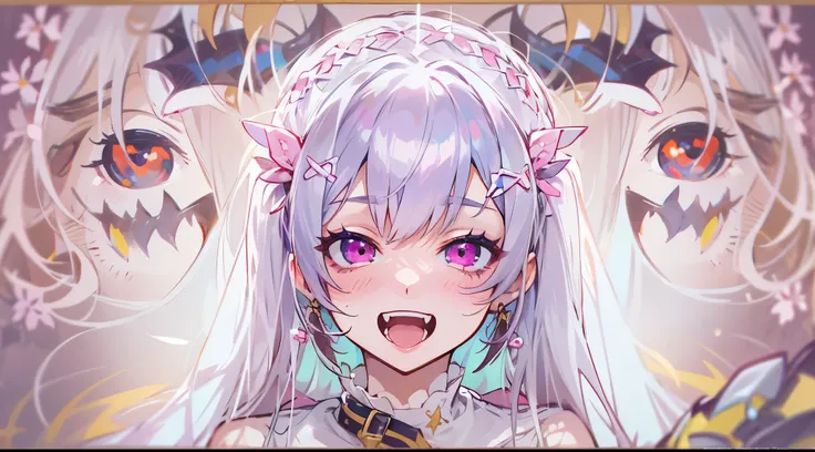 one girl, very beautiful face, beautiful eyes, detailed eyes, detailed face, detailed hair, masterpiece, anime girl, pink eyes, silver hair, , kawaii, two pony tails, hair pins, hair accessories, very young, big boobs, pixiv, illustration, very high qualit...