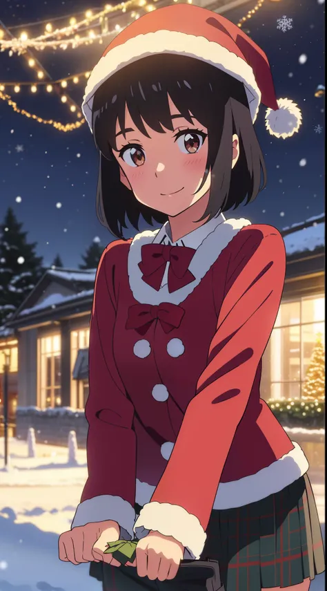 shinkai makoto, kimi no na wa., 1girl, bangs, black hair, blush, bright eyes, brown eyes, red bow, red ribbon, short hair, shiny skin, smiling, cute, beautiful, perfect hands, long sleeves, looking at the viewer, red sweater, plaid skirt, santa claus hat, ...