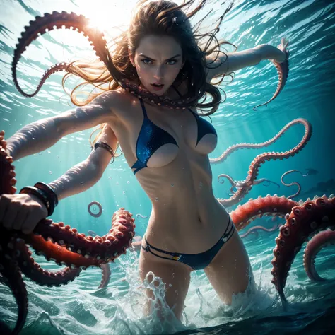 best quality,4k,high resolution,masterpiece:1.2,ultra-detailed,realistic,physically-based rendering,professional,vivid colors,sharp focus,portraits,underwater,woman,fight,huge octopus,tentacles,restrained arms,legs,expressive,emerging from the deep sea,bat...