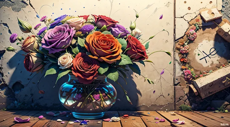 a vase of flowers standing in front of a funky wall studion, graffiti in the back, realistic, (no one), best quality, high details, sharp focus