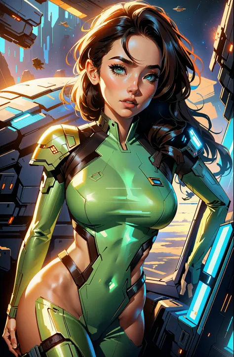 sexy woman in star wars costume posing in front of a spaceship, inspired by Marek Okon, alena aenami and artgerm, style of raymond swanland, wojtek fus, chris moore. artgerm, cutesexyrobutts, scifi woman, rossdraws digital painting, beautiful digital artwo...