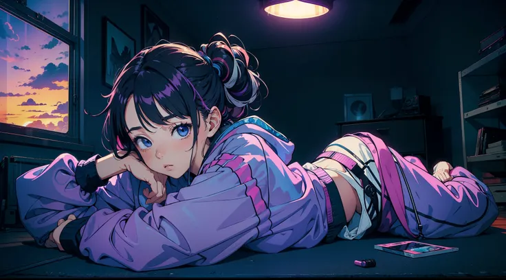 Masterpiece, high Quality, girl, hair tied up, hair with colorful highlights, big clothes, baggy clothes, comfortable clothes, indoors, night, sunset, dark room, distractedly fiddling with something, lying down, synthwave colors, deep purple and blue,