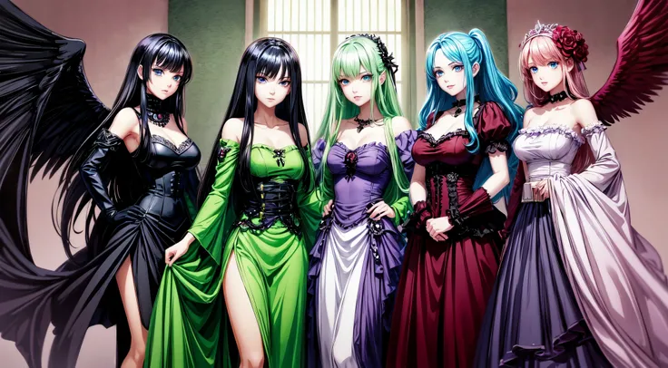 (five beautiful gothic girls dark angels dark anime style.