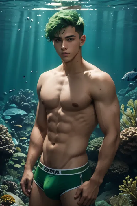 handsome teenager wearing green jockstrap, very short green hair, underwater