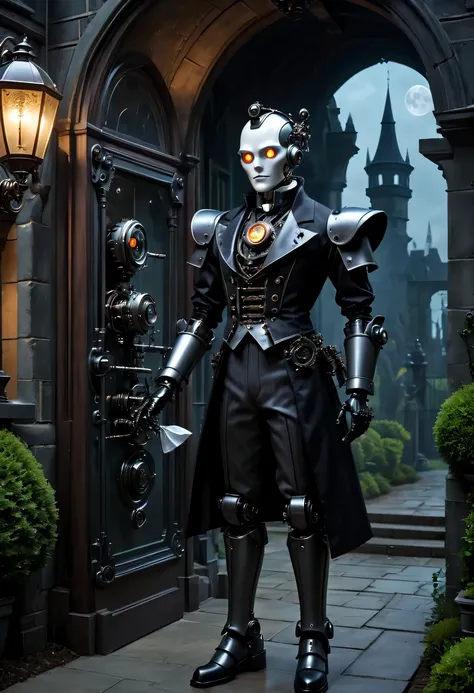 Full moon night，Robot butler at the entrance to the vampire castle garden，Detailed mechanical parts, Butler outfit, Cybernetic eyes，Victorian style, steampunc,  Mechanical face，Mechanical joint，detailed detail, ambientlighting，training maid