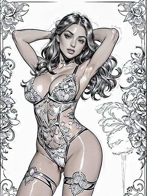 adult colouring book, no detail, outline no colour, fill frame, clipart white background an ultra hot gorgeous european woman, a...