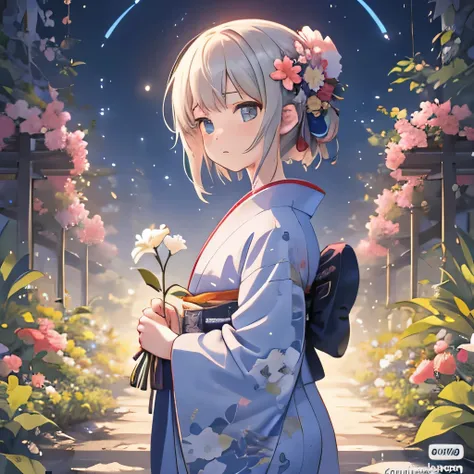 Woman in kimono holding flowers in the garden under the starry sky，express disappointment