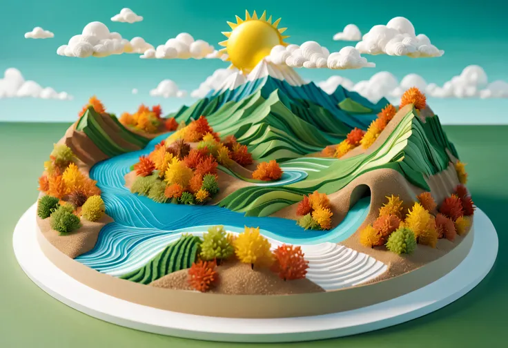 _cut，isometry，Sand table model，in fall，with blue sky and white clouds, sun shine，Green Mountains and Green Water，terraced，bumper harvest，White background， art，a 3D render，extremely detaile, (zentangle:1.2), (geomerty:1.2)，Cinematic lighting effects，4K，Mast...