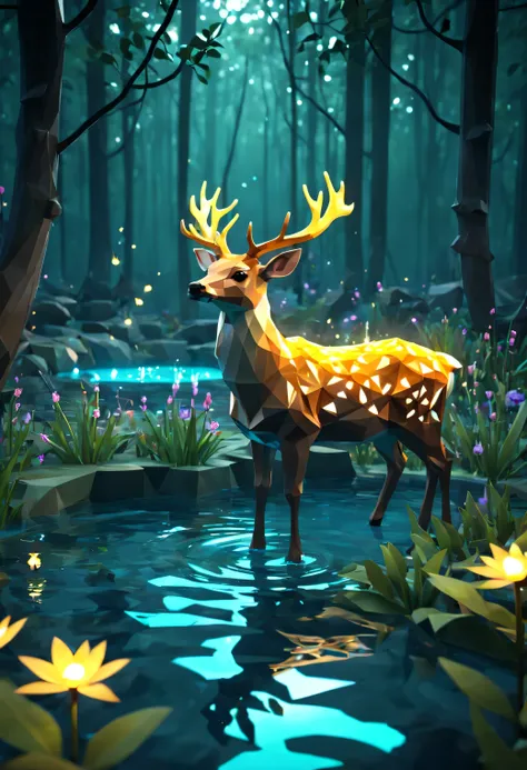 3d-rendering,estilo realista,design de jogo em estilo low poly ,sprite de brilho, com um cervo brilhante, in a pool drinking wat...