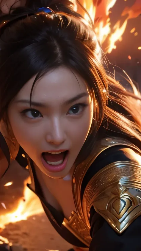 (the Extremely Detailed CG Unity 8K Wallpapers,masutepiece, Best Quality, Ultra-detailed, look at a camera), A woman fused with Ifrit, Special Move, A Japanese Lady, shout out:1.5, Open mouth