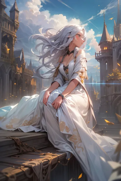 (masterpiece:1.1), best quality, (ultra detailed:1.3), Sorcerer, woman, from side, from below, beautiful face and eyes, dishevled hair, Waiting and watching, fantasy world, robe blanche, beautiful sky and clouds, Distant city, warm lighting,