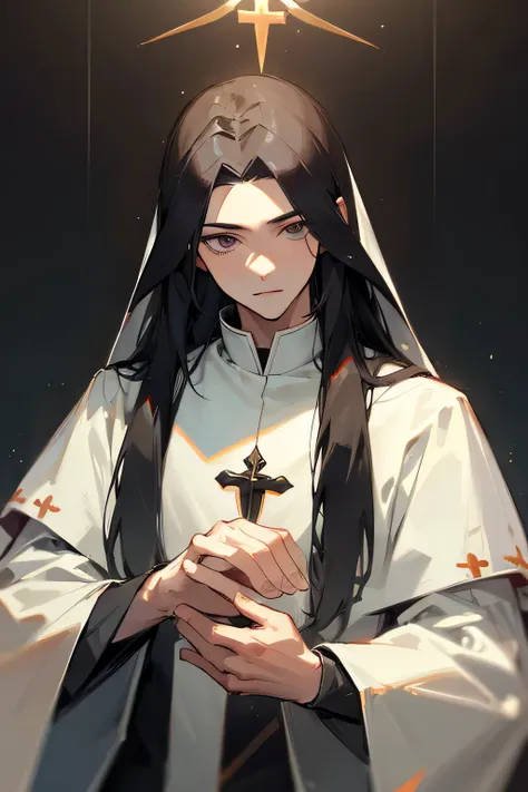 (man, priest, long hair) priest clothing, ultra-detailed,masterpiece:1.2,highres, looking toward, male character, portrait, facing camera