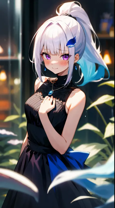 One girl with high ponytail hair, bangs, white hair, blue inner hair:1.25) , purple eyes, looking at viewer, blushing, little smile, tears, black sleeveless dress, bare hands, indoor, aquarium, earrings, dating, standing, necklace, aquarium date, dizzy, mi...