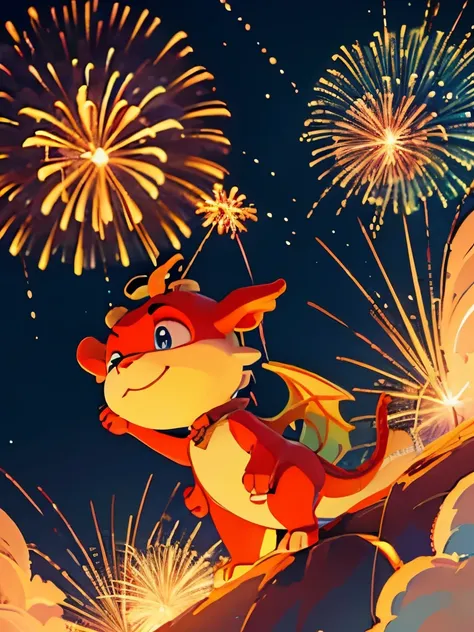 3D cartoon.Cartoon characters. A very cute dragon is watching beautiful and colorful fireworks in the Dreamland. Balloons and fireworks in the sky. Colorful, Pixar