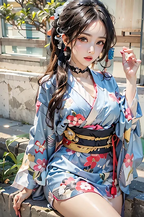 Photorealistic, High resolution,1womanl, glistning skin, Solo,Front view:0.8,full body Esbian:1.3,Looking at the camera,(Japanese dress, Kimono:1.4,Komono:1.2, a choker:1.4),The tattoo,Jewelry, (Long hair:1.2), Blue Eye, Kimono comes off,thigh visible,I ca...