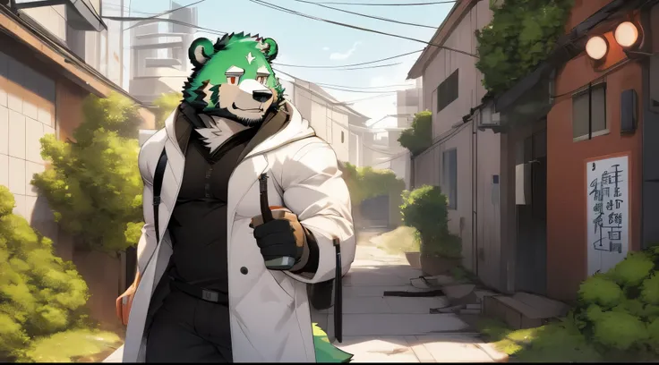 jinpei in a white coat and black pants standing in a alley, fursona wearing stylish clothes, furry anime, anthropomorphic furry art, pov furry art, an anthropomorphic cyberpunk fox, furry character portrait, furry character, inspired by Ryūsei Kishida, fur...